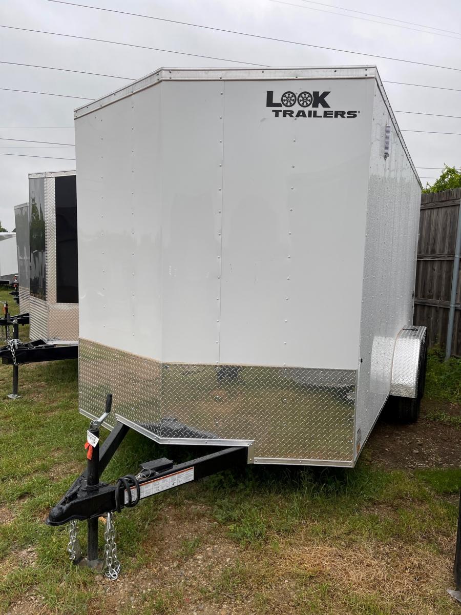 ***CLEARANCE*** Look Enclosed Cargo Trailer, (7’W x 14’L Tandem Axle, V-Nose, Side Door, Ramp Door, White, 7’H) image 0