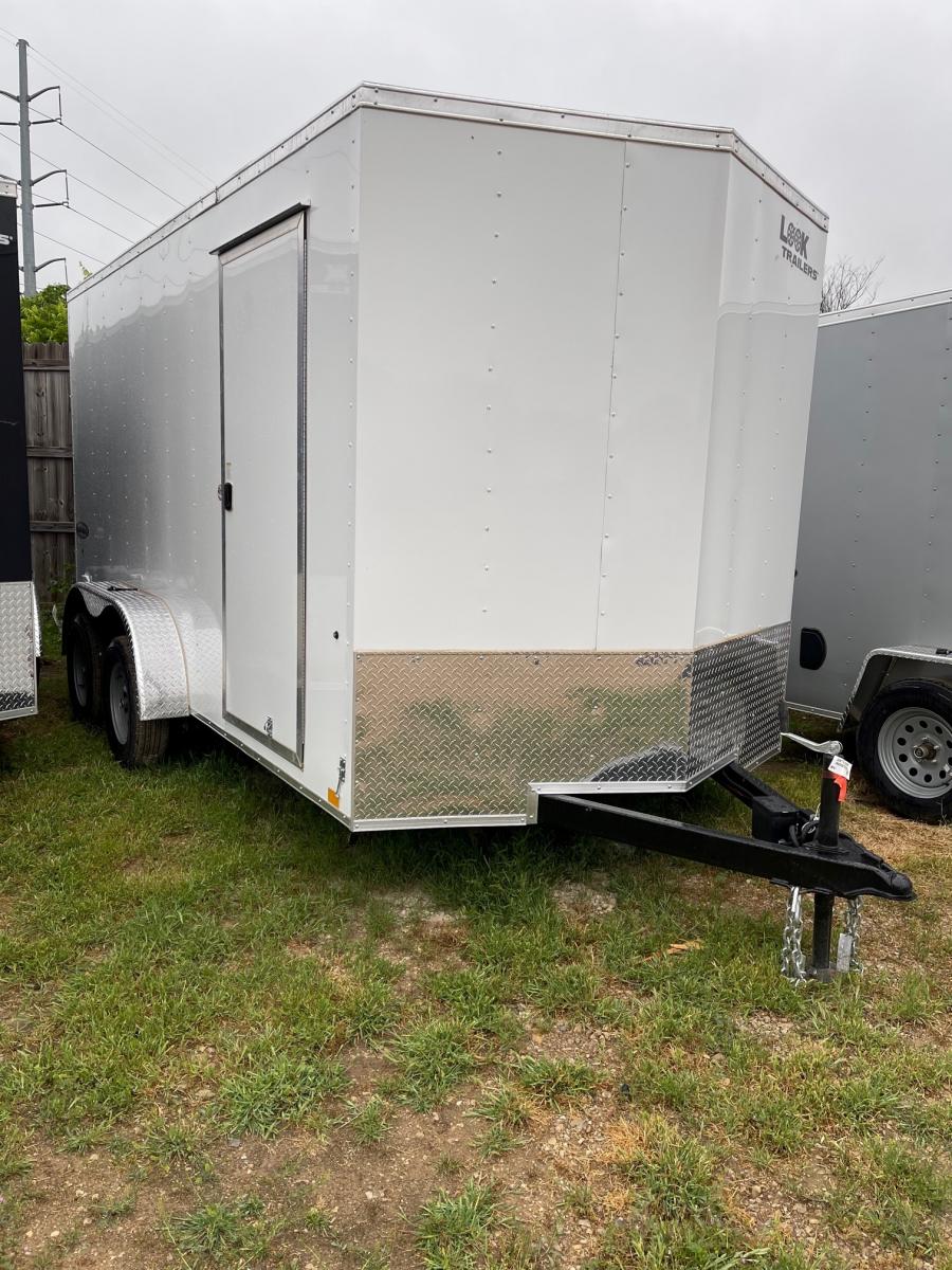 ***CLEARANCE*** Look Enclosed Cargo Trailer, (7’W x 14’L Tandem Axle, V-Nose, Side Door, Ramp Door, White, 7’H) image 1