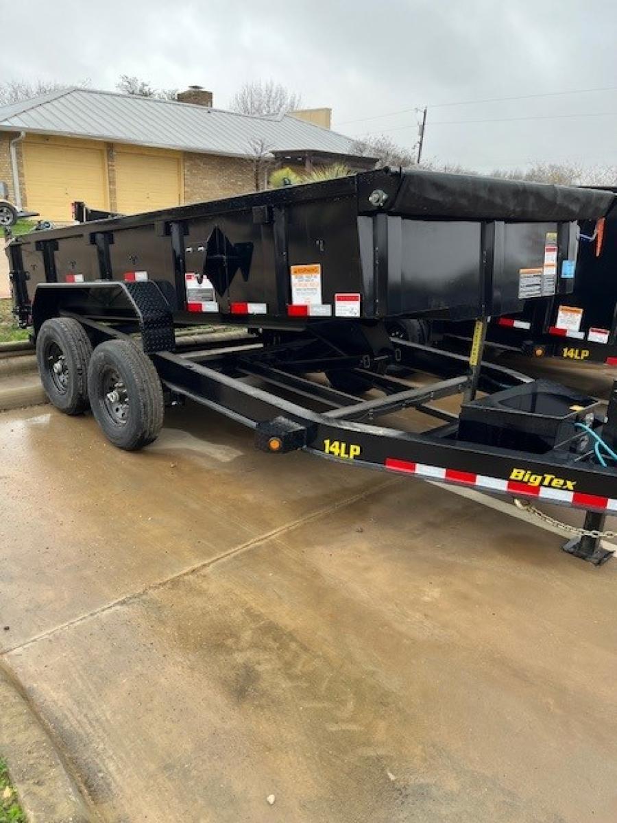 Big Tex 14LP-14BKSIRPD (83″W x 14’L, 2′ Side Walls, Heavy Duty Ultra Low-Profile Dump with Scissor Hoist, Power Up/Power Down, with Spare Tire Mount, 6′ Slide-in-ramps and Tarp Included) image 1