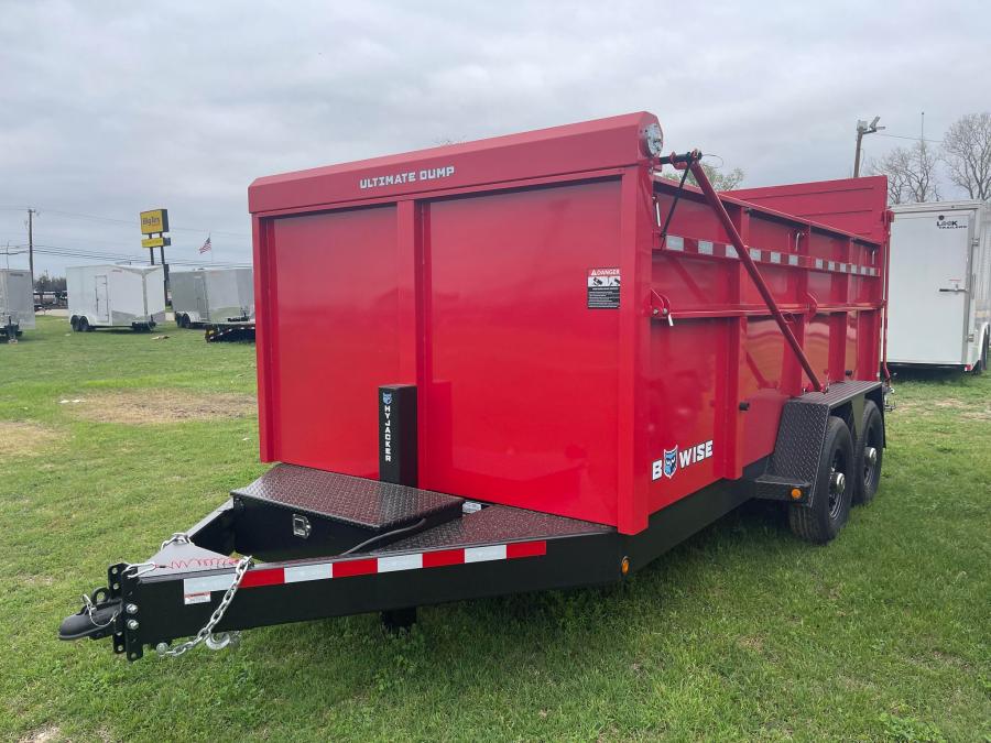 *PRICE DROP*2024 BWISE DU14-15 15K (82”x14) 48”w/20” Fold Down Sides, ULTIMATE Hydraulic DUMP w/10K Hy-draulic Hyjacker, 6’ Hydr. Gate, 6’ Hydr Ramp, Scissor Lift, Spare Tire Included, Spring Loaded Tarp Kit -RED #004886 image 1