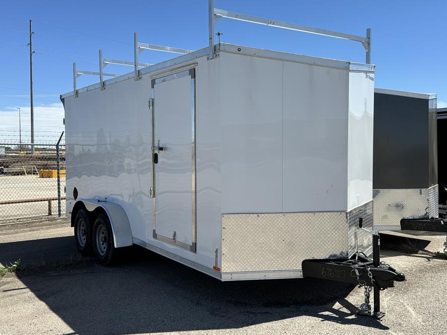 7 x 16 Tandem Axle FLAT TOP WEDG ENCLOSED TRAILER  with Rear Ramp Door and Ladder Rack image 1