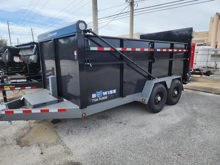 BWISE 15K Ultimate Dump, 7X14, 2 Way Hydraulic Gate, Fold Down Sides, Hyd Jack, Wireless Remote, Aluminum Wheels, Spring Loaded Tarp, 7GA Floor Image 0