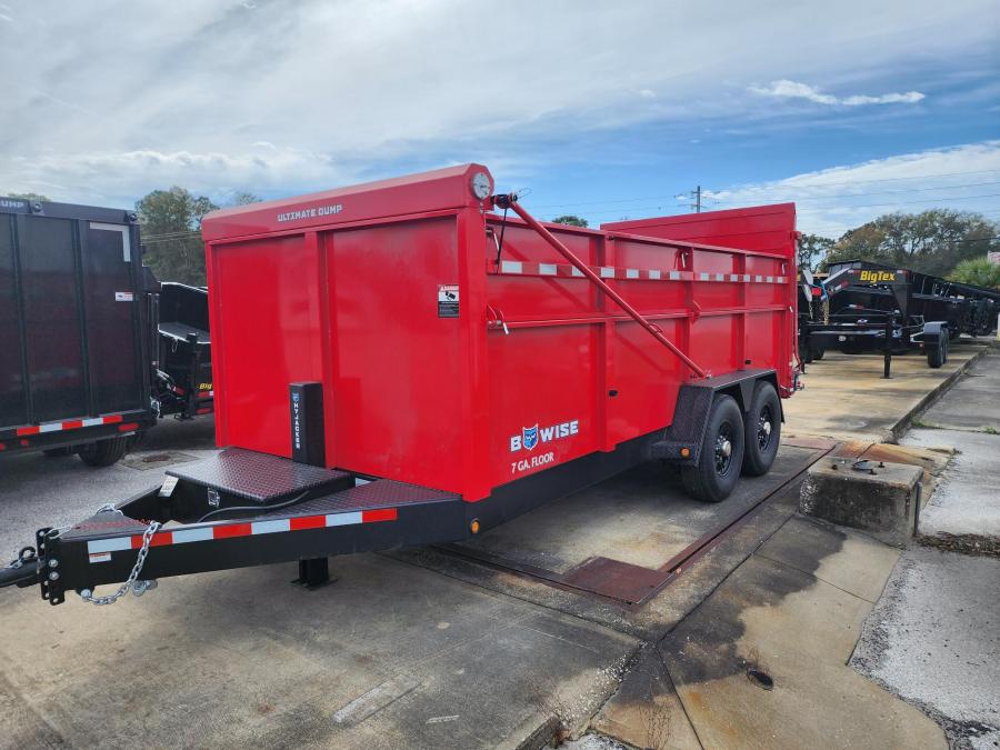 BWISE 15K Ultimate Dump, 7X16, 2 Way Hydraulic Gate, Fold Down Sides, Hyd Jack, Wireless Remote, Aluminum Wheels, Spring Loaded Tarp, 7GA Floor Image 0