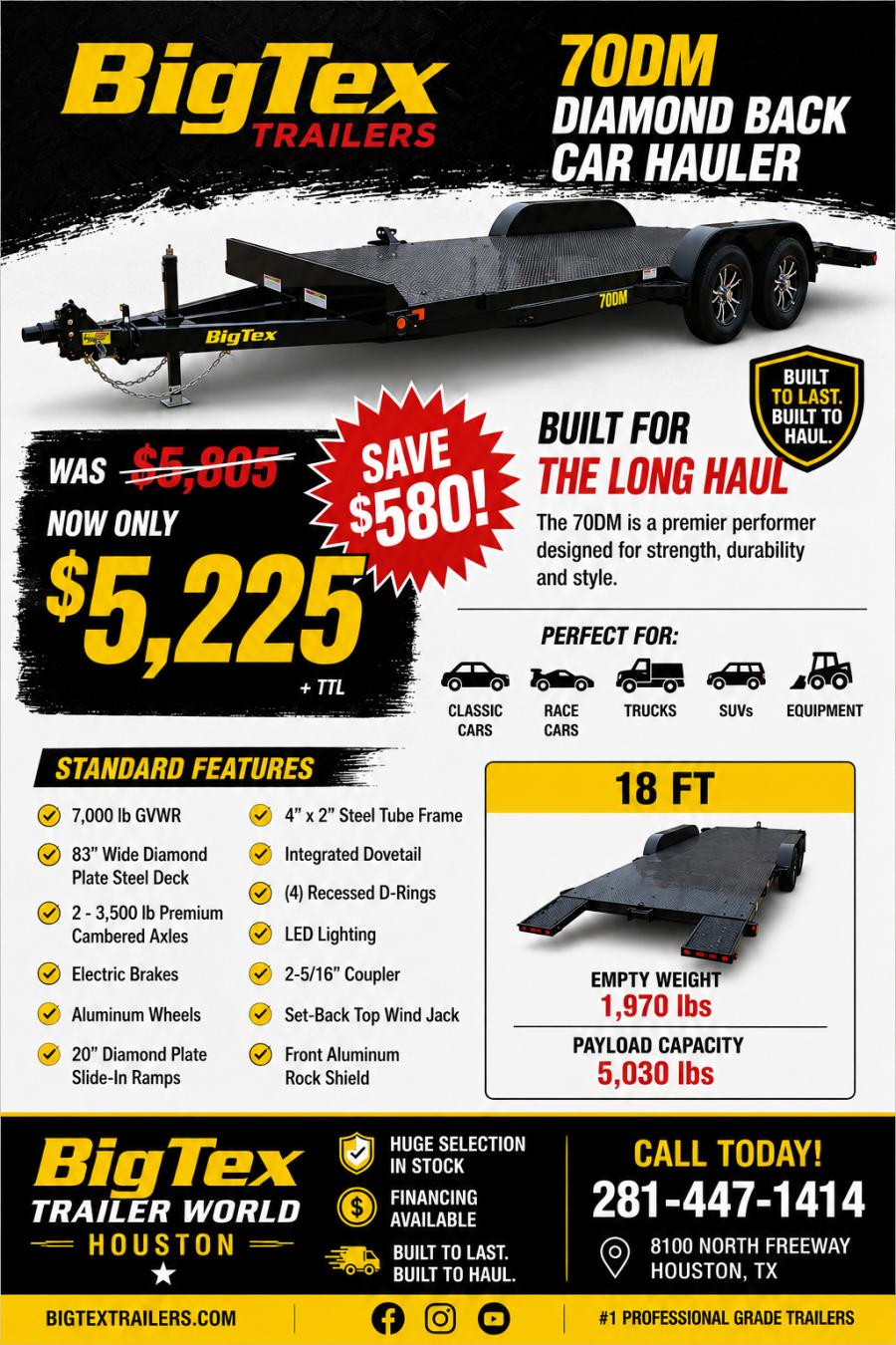 Big Tex 70DM 83″ x 18 Tandem Axle Premium Car Hauler Image 0