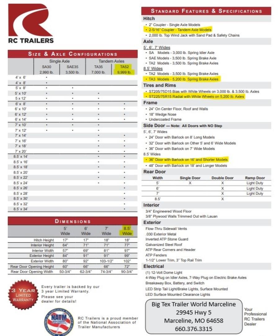 RC Trailers 8.5x16 Enclosed Trailer w/ 9,990# GVWR, 7ft Interior Height, Blackout Package, Screwless Exterior Image 5