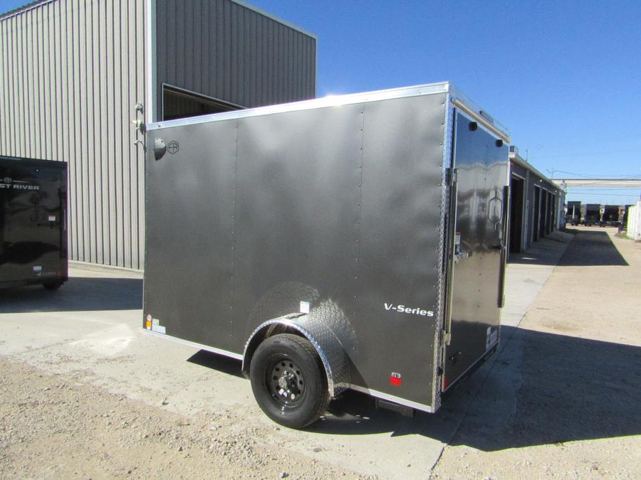 5X10 SINGLE AXLE ENCLOSED TRAILER W/ SIDE DOOR, REAR RAMP DOOR, 5'5" HT, D RINGS, STAB JACKS, CHARCOAL GRAY Image 1
